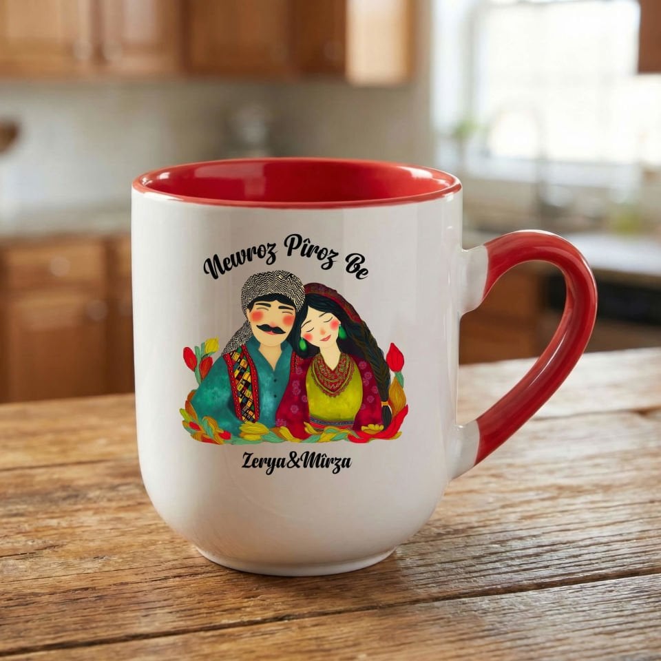 İsme Özel Newroz Pîroz Be Gülümseyen Mem u Zin Tasarımlı Oval Kırmızı Renk Porselen Kupa Bardak