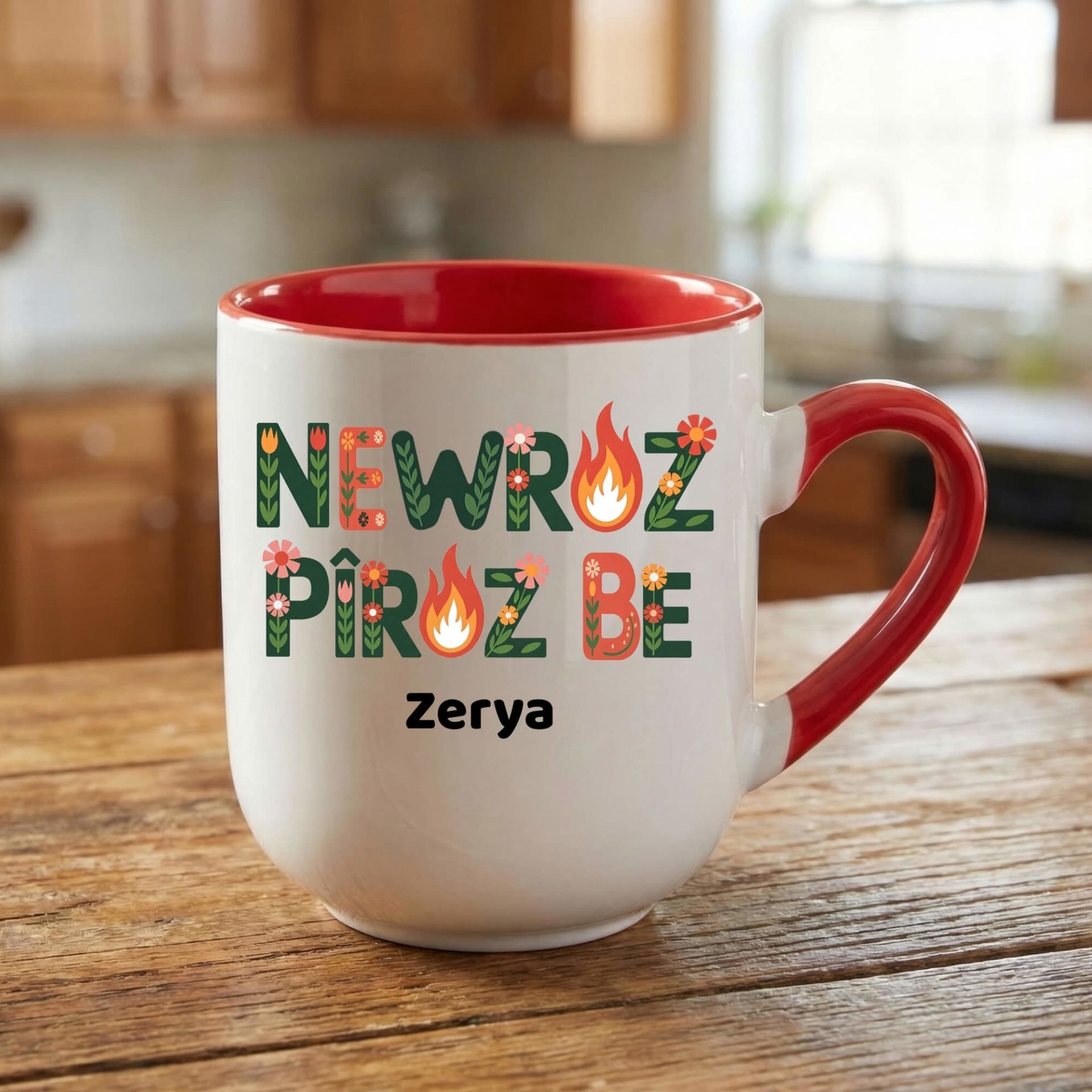 İsme Özel Newroz Pîroz Be Çiçek Tasarımlı Oval Kırmızı Renk Porselen Kupa Bardak