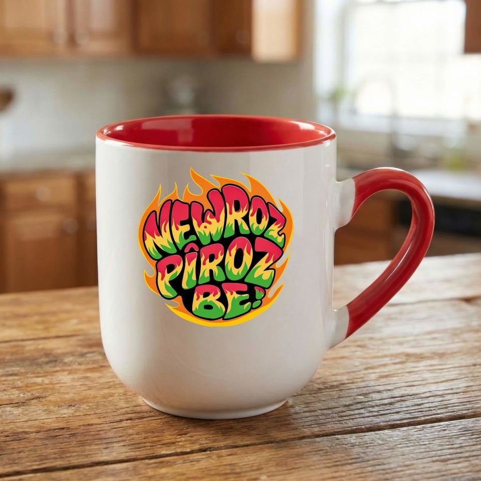 Newroz Pîroz Be AteşTasarımlı Oval Kırmızı Renk Porselen Kupa Bardak