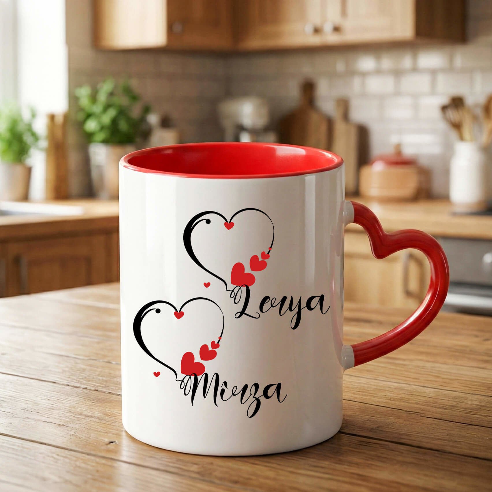 İsme ve Sevgililere Özel 2 Kalpli Kırmızı Kalp Kupa Bardağı -  Sevgililer İçin Kalpli Kupa Bardak