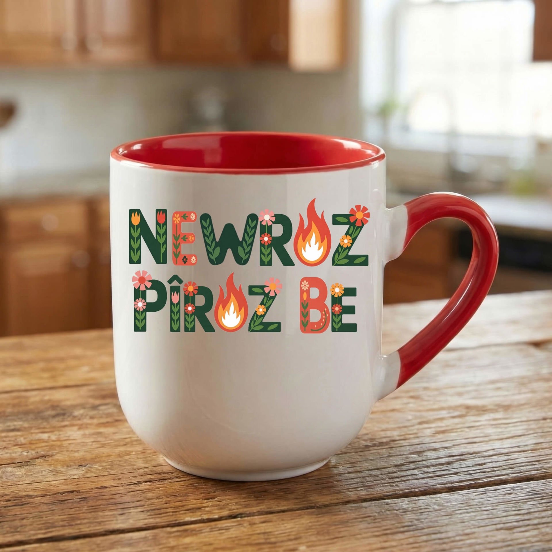 Newroz Pîroz Be Çiçek Tasarımlı Oval Kırmızı Renk Porselen Kupa Bardak