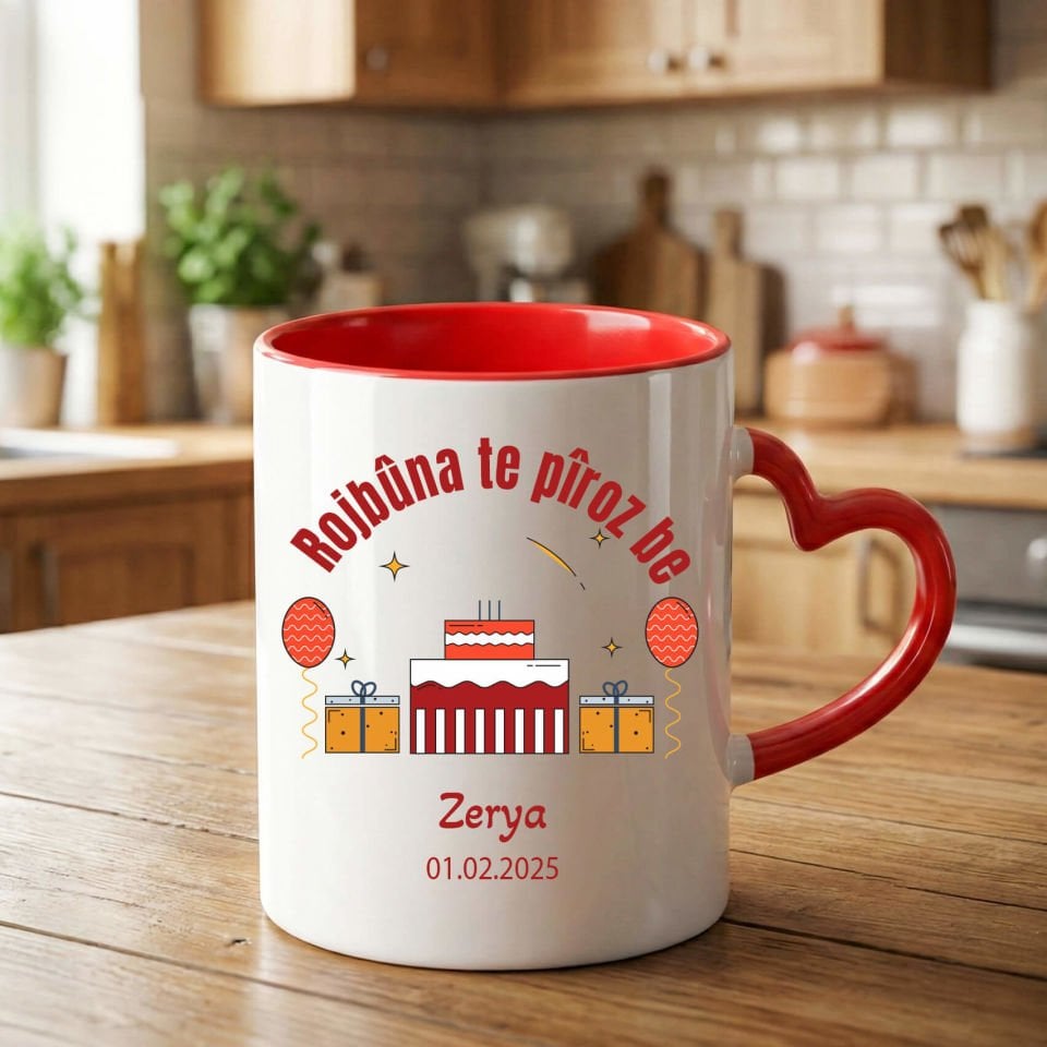İsme Özel ve Tarihli Kürtçe Doğum Günü Kırmızı Kalp Kupa Bardağı -  Rojbûna Te Piroz Be Kalp Kupa Bardak