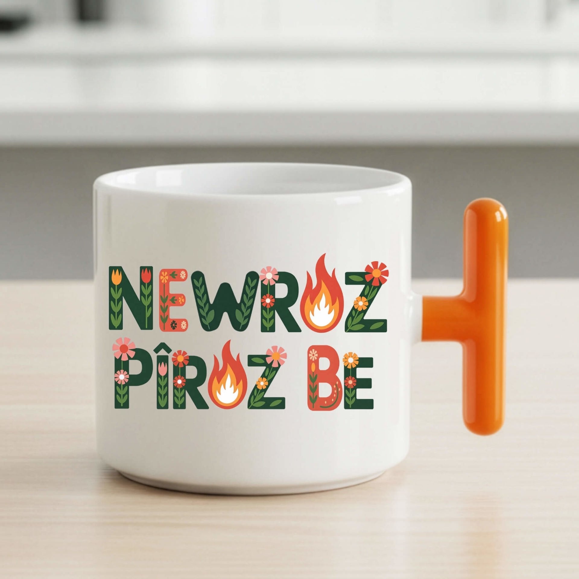 Newroz Pîroz Be Çiçek Tasarımlı T Kupa Turuncu Renk Porselen Bardak