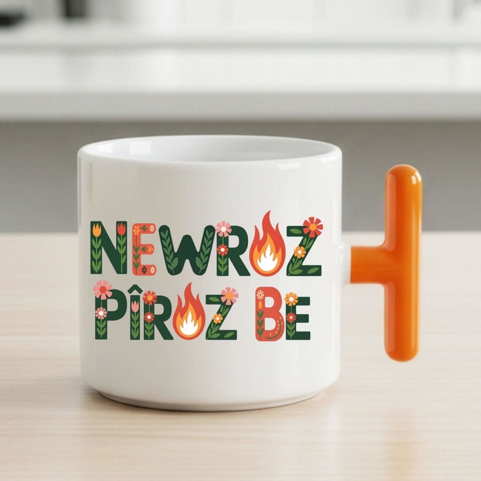 Newroz Pîroz Be Çiçek Tasarımlı T Kupa Turuncu Renk Porselen Bardak