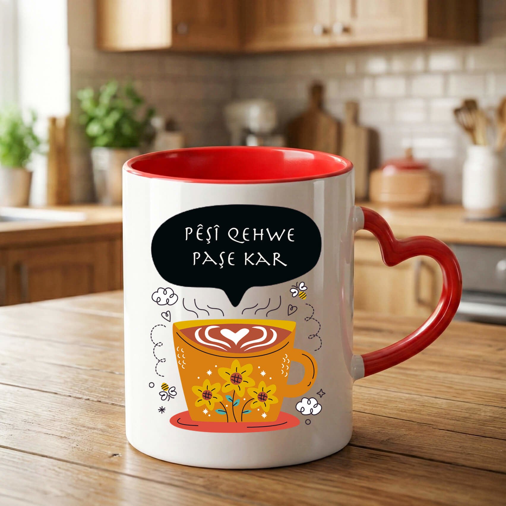 Kürtçe Pêşi Qehwe Paşê Kar Yazılı Kırmızı Kalp Kupa Bardağı - Pêşi Qehwe Paşê Kar Kalp Kupa Bardak