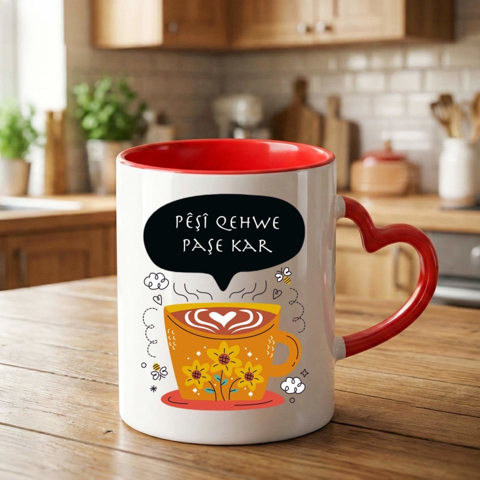 Kürtçe Pêşi Qehwe Paşê Kar Yazılı Kırmızı Kalp Kupa Bardağı - Pêşi Qehwe Paşê Kar Kalp Kupa Bardak