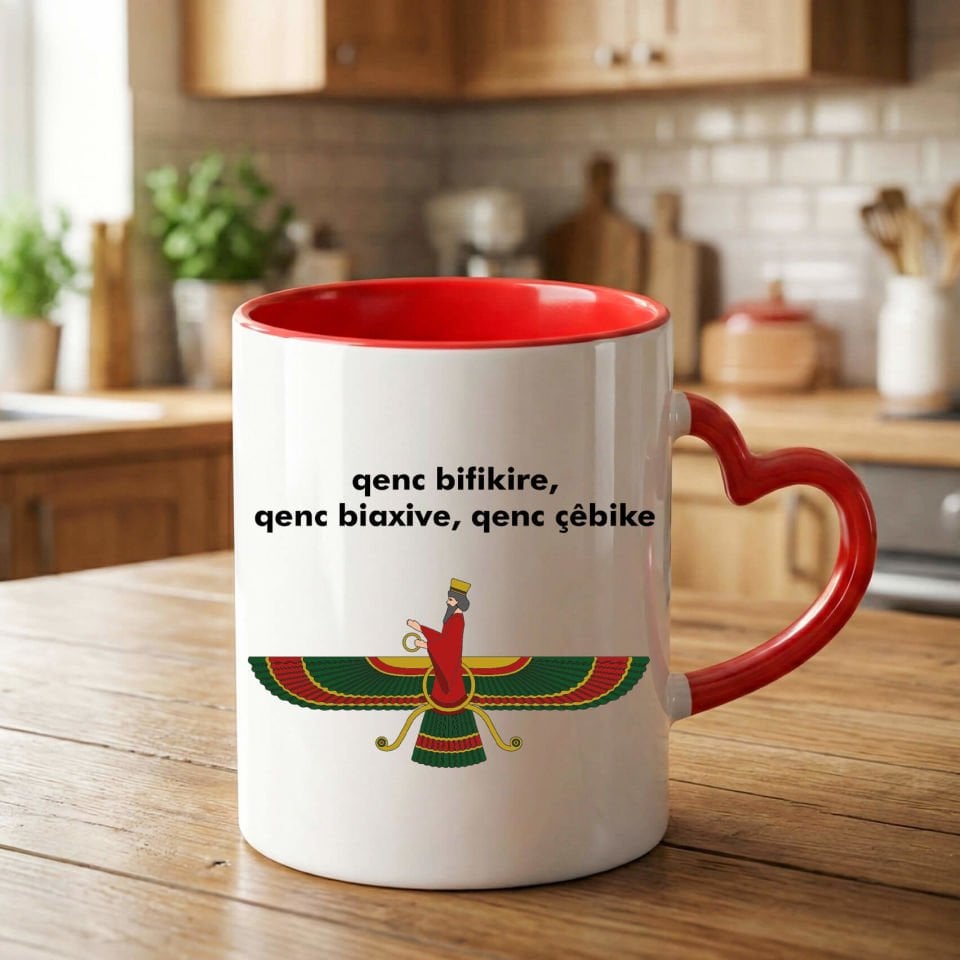 Kürtçe Qenç Bifikire Ahura Mazda Tasarımlı Kırmızı Kalp Kupa Bardağı - Ahura Mazda Resimli Kalp Kupa Bardak