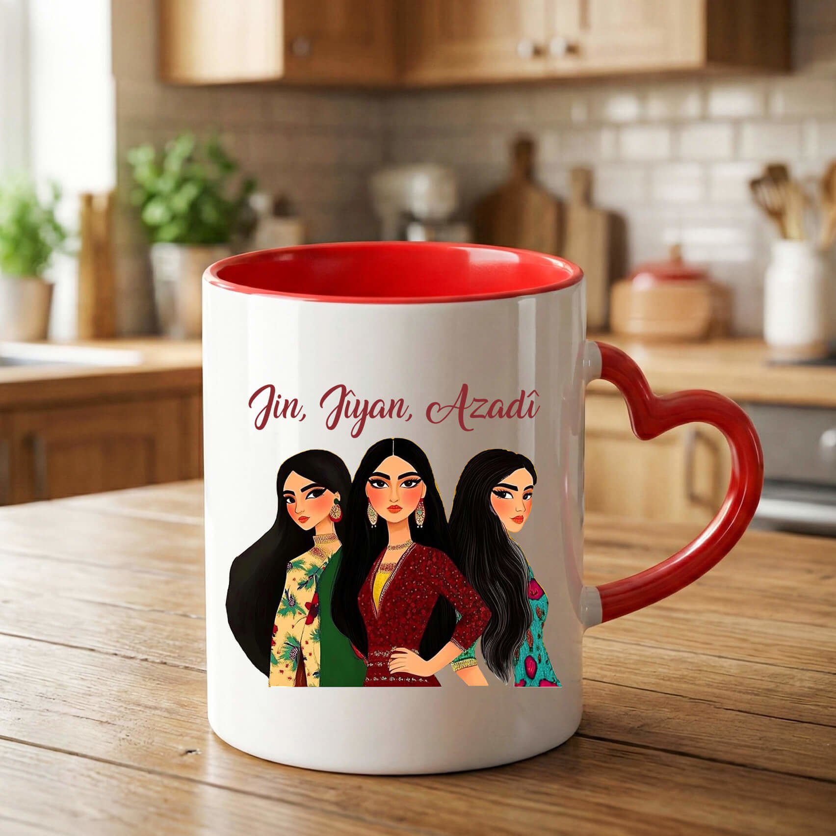 Jin Jiyan Azadi Kadın Tasarımlı Kırmızı Kalp Kupa Bardağı - Jin Jiyan Azadi Motifli Kalp Kupa Bardak