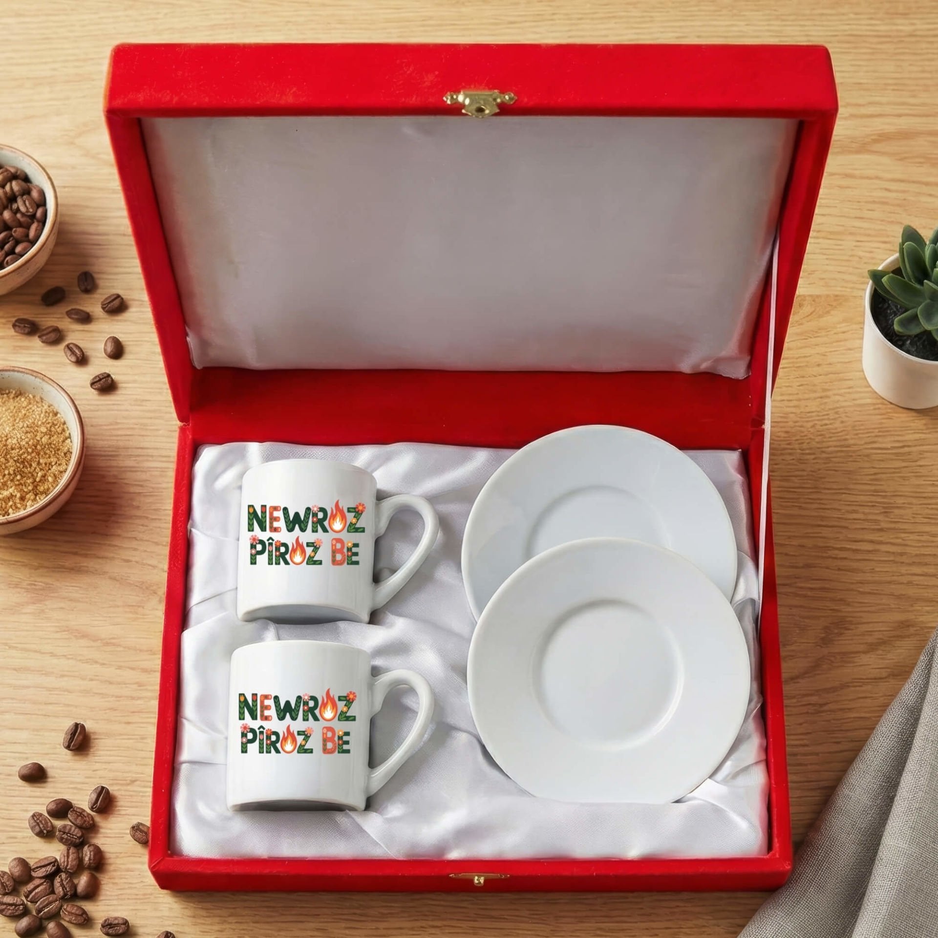 Newroz Piroz Be Çiçek Tasarımlı Kırmızı Renkli Kutulu 2 li Porselen Kahve Fincan Seti