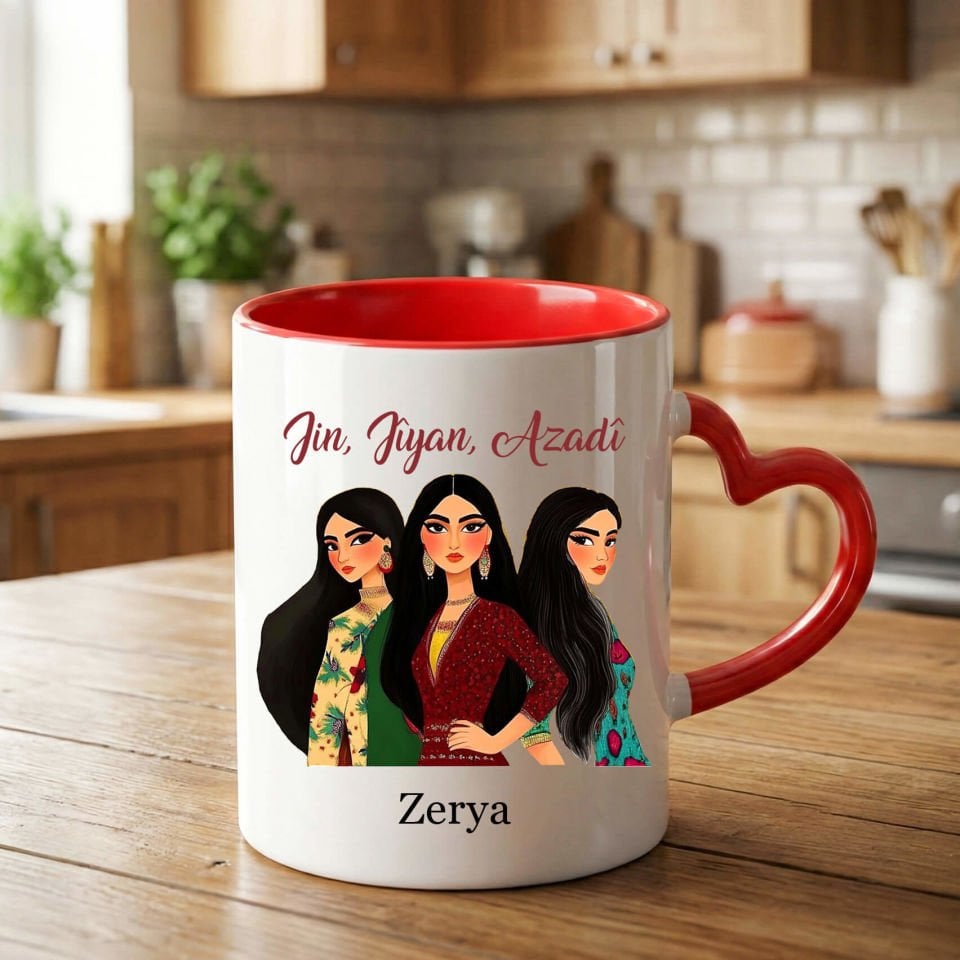 İsme Özel Jin Jiyan Azadi Kadın Tasarımlı Kırmızı Kalp Kupa Bardağı - Jin Jiyan Azadi Motifli Kalp Kupa Bardak