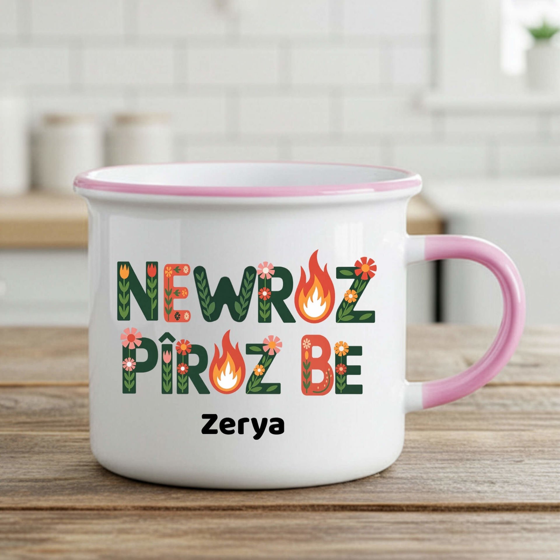 İsme Özel Newroz Pîroz be Çiçek Tasarımlı Enamel Pembe Kupa Bardağı