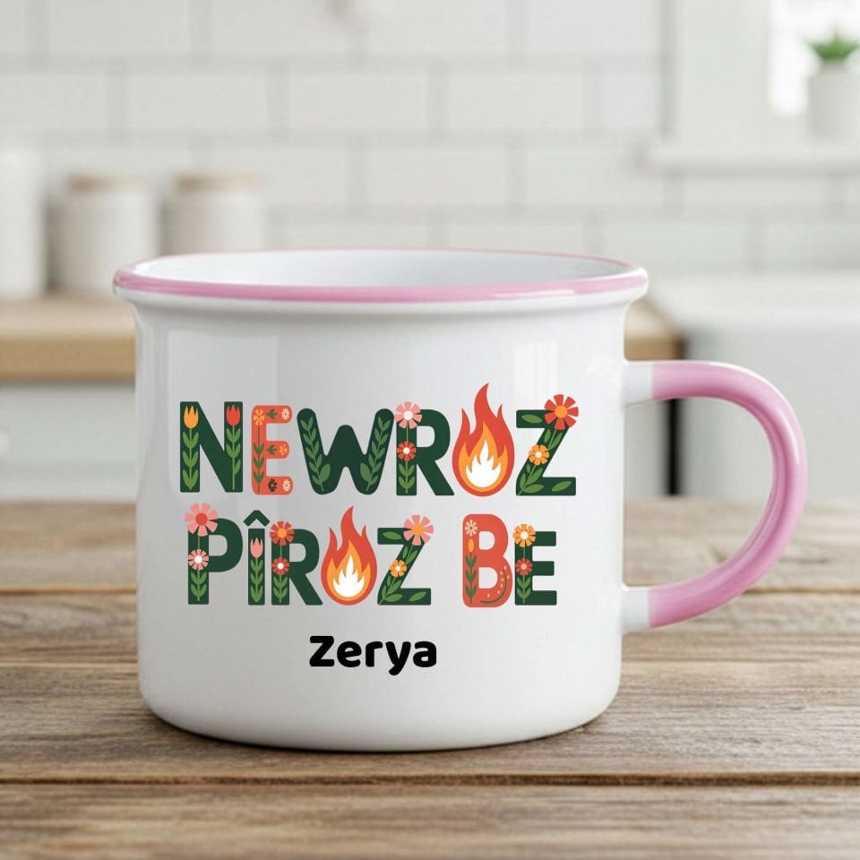 İsme Özel Newroz Pîroz be Çiçek Tasarımlı Enamel Pembe Kupa Bardağı