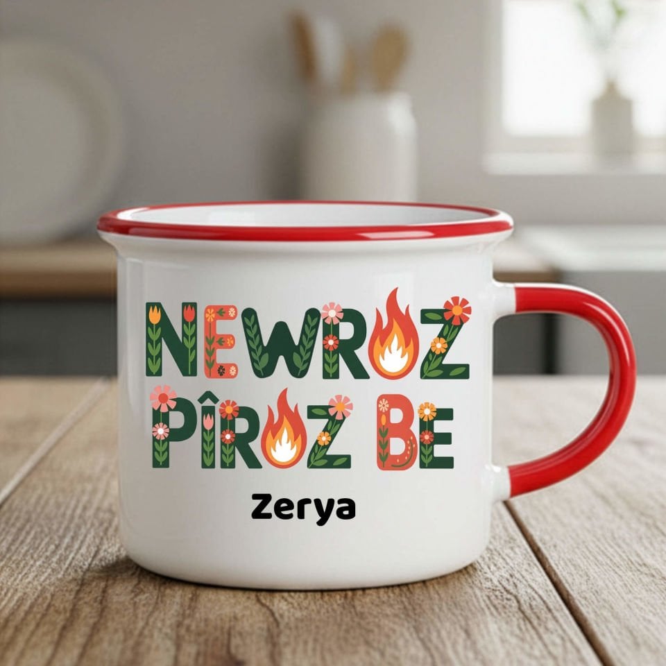 İsme Özel Newroz Pîroz be Çiçek Tasarımlı Enamel Kırmızı Kupa Bardağı