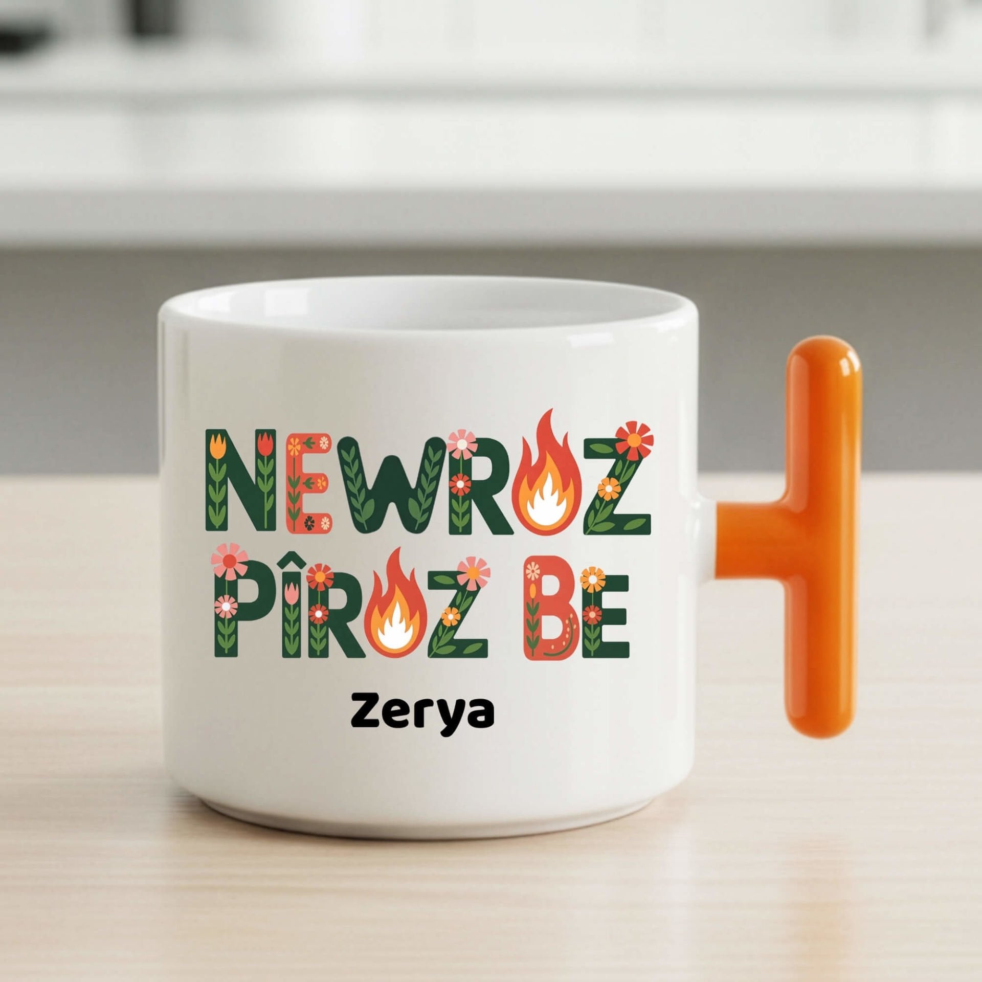 İsme Özel Newroz Pîroz Be Çiçek Tasarımlı T Kupa Turuncu Renk Porselen Bardak