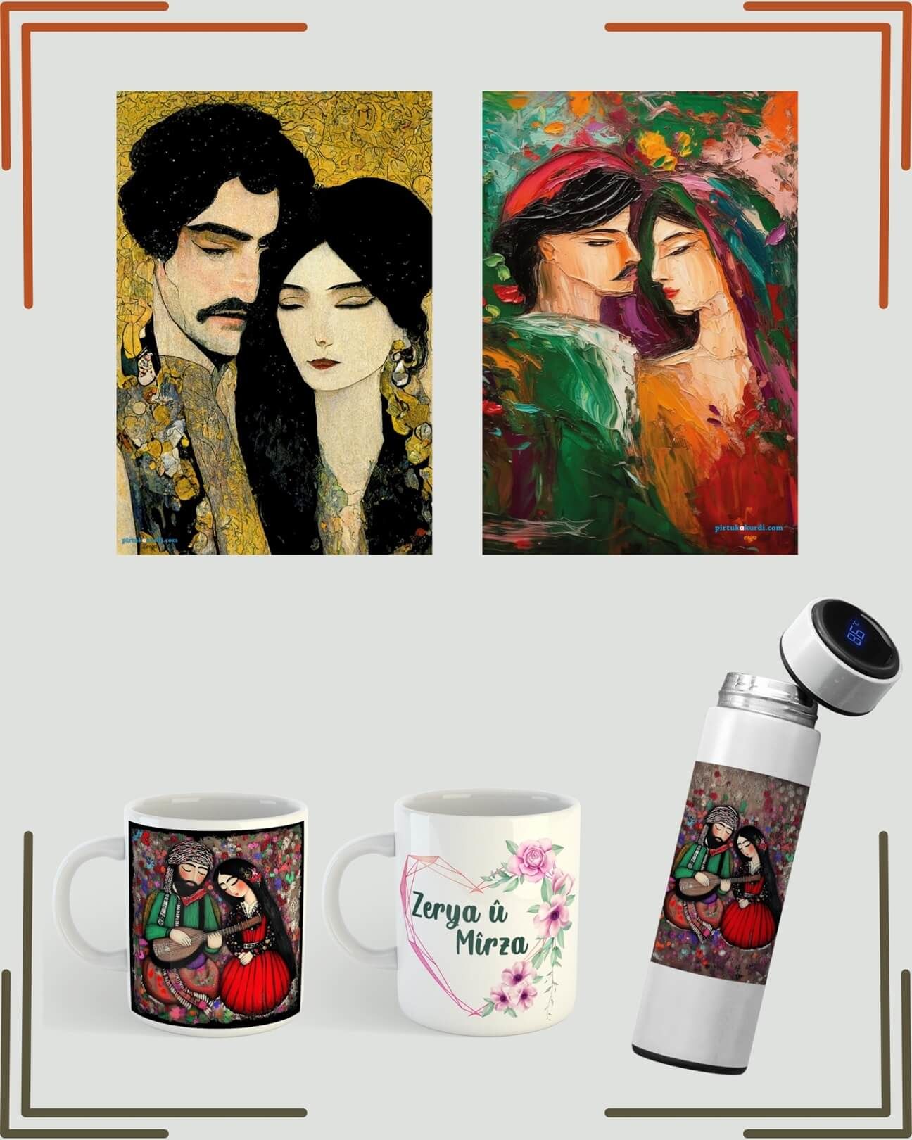 Mem û Zin Resimli Kupa Poster ve Termos Seti - Sevgililere ve İsme Özel Mem ile Zin Kupa Poster Termos Seti