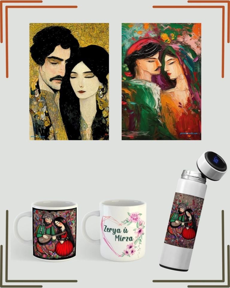 Mem û Zin Resimli Kupa Poster ve Termos Seti - Sevgililere ve İsme Özel Mem ile Zin Kupa Poster Termos Seti