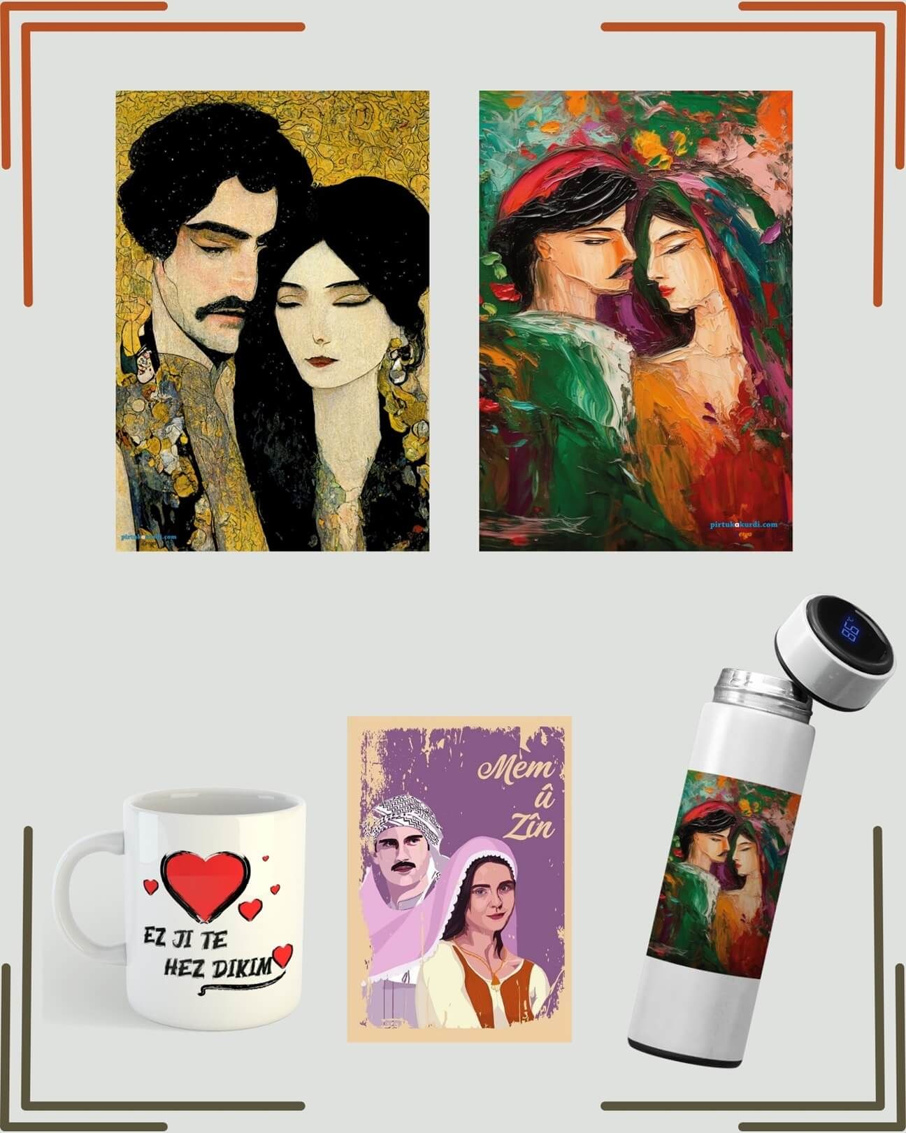 Mem û Zin Resimli Poster ve Termos Seti - Kürtçe Ez Ji Te Hez Dikim Kupası - Sevgililere Özel Kürtçe Set