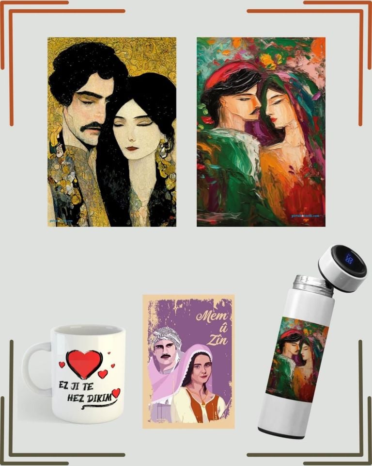 Mem û Zin Resimli Poster ve Termos Seti - Kürtçe Ez Ji Te Hez Dikim Kupası - Sevgililere Özel Kürtçe Set