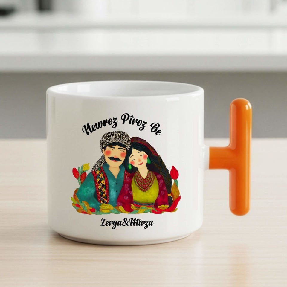 İsme Özel Newroz Pîroz Be Gülümseyen Mem u Zin Tasarımlı T Kupa Turuncu Renk Porselen Bardak