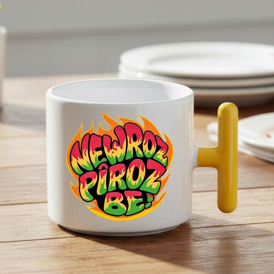 Newroz Pîroz Be Ateş Tasarımlı T Kupa Sarı Renk Porselen Bardak