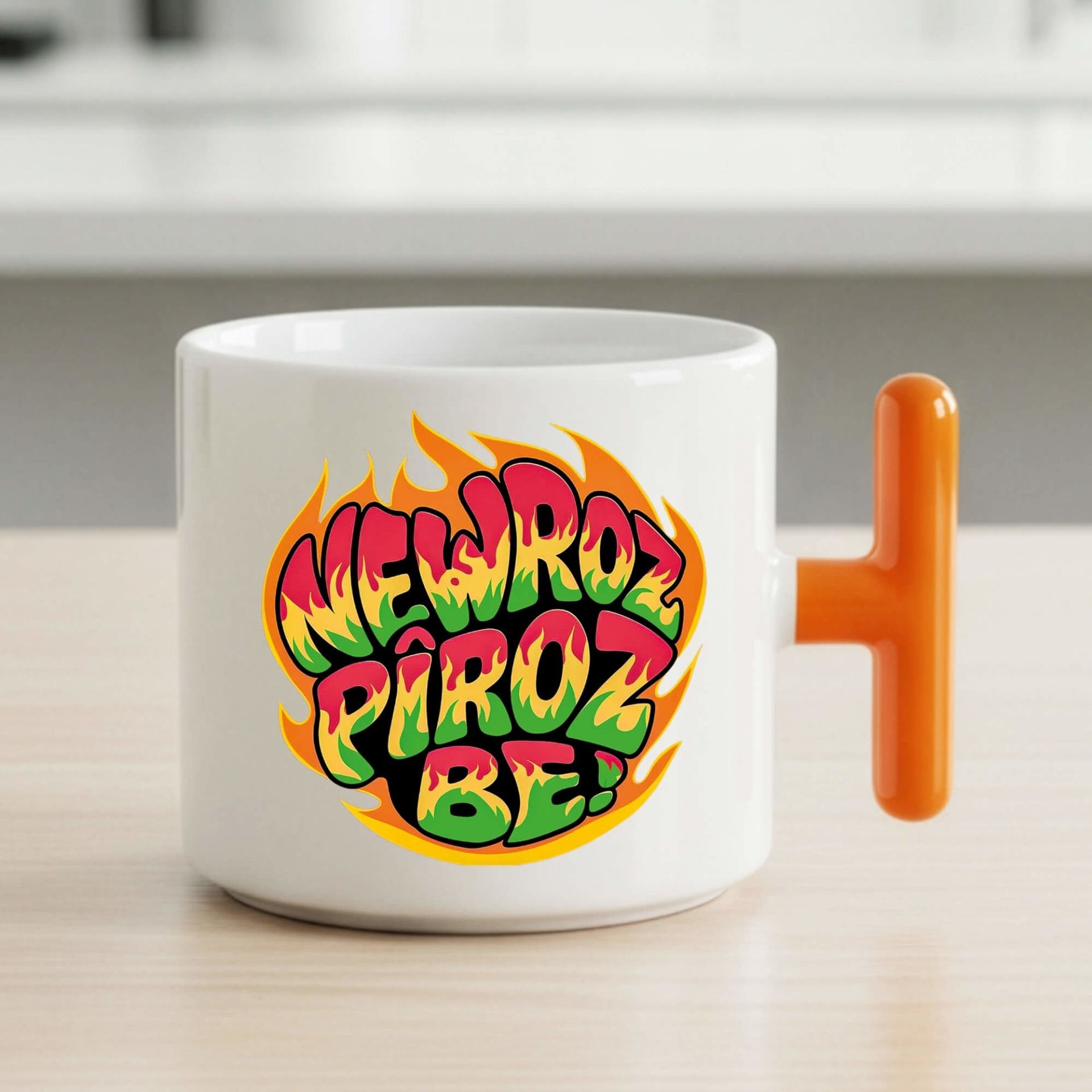 Newroz Pîroz Be Ateş Tasarımlı T Kupa Turuncu Renk Porselen Bardak