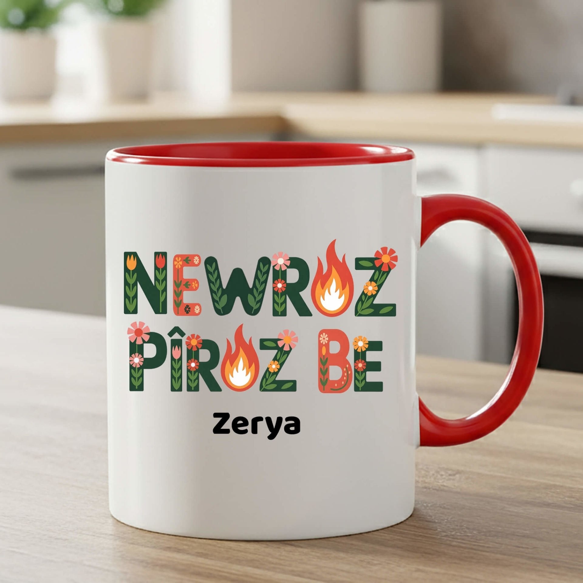 İsme Özel Newroz Piroz Be Çiçek Tasarımlı Kırmızı Klasik Kupa Bardağı