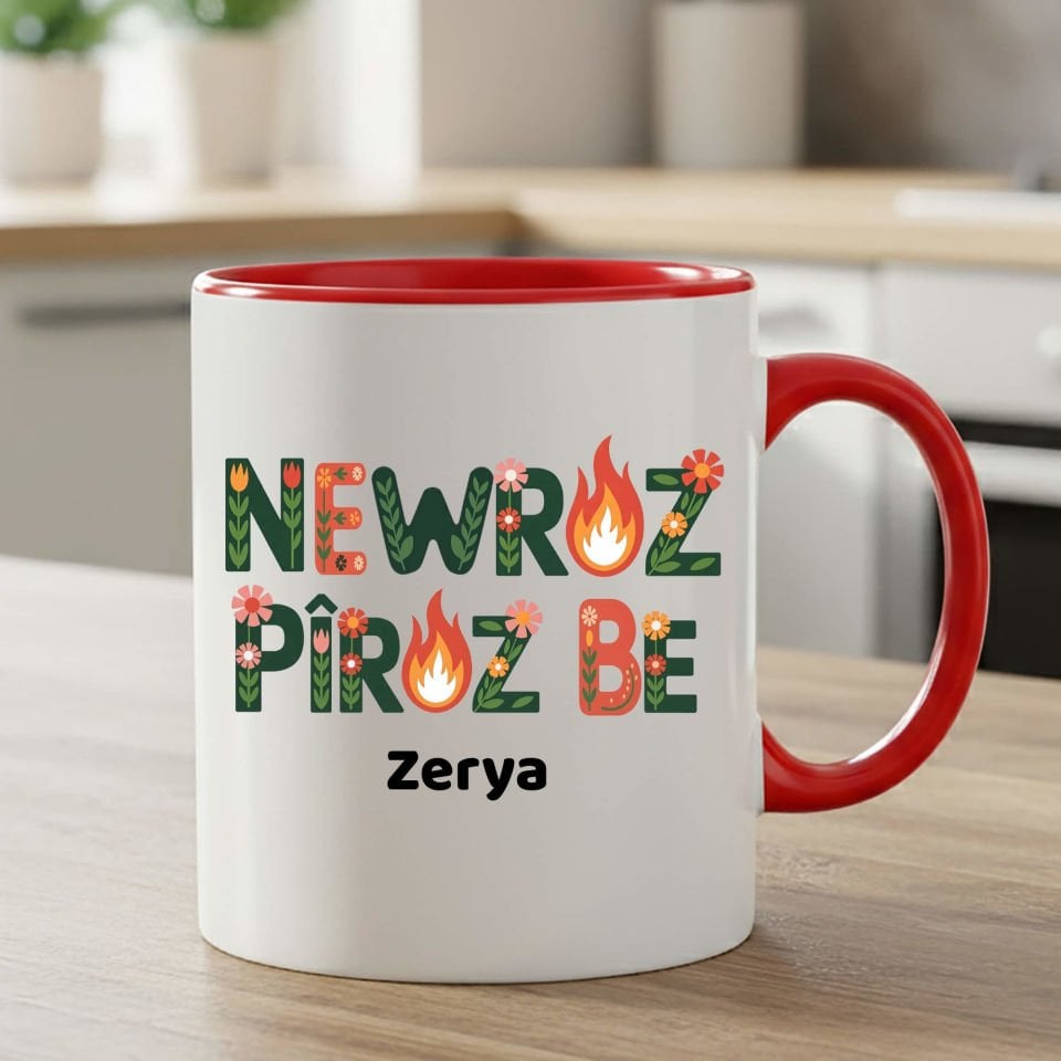 İsme Özel Newroz Piroz Be Çiçek Tasarımlı Kırmızı Klasik Kupa Bardağı