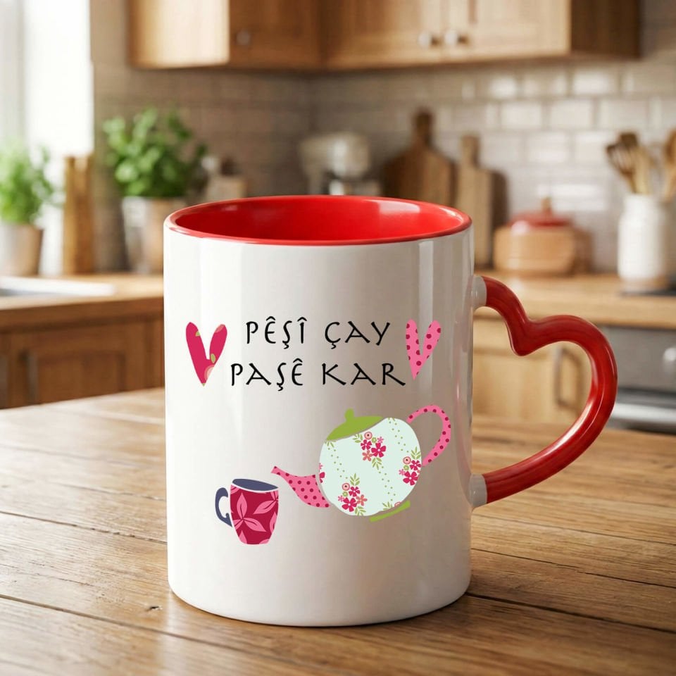 Kürtçe Pêşî Çay Paşê Kar Tasarımlı Kırmızı Kalp Kupa Bardağı - Pêşî Çay Paşê Kar Kalp Kupa Bardak