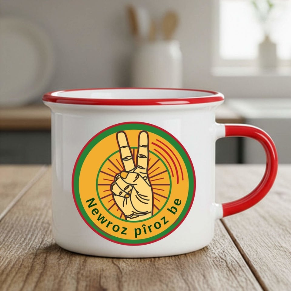 Newroz Pîroz be Zafer İşareti Tasarımlı Enamel Kırmızı Kupa Bardağı