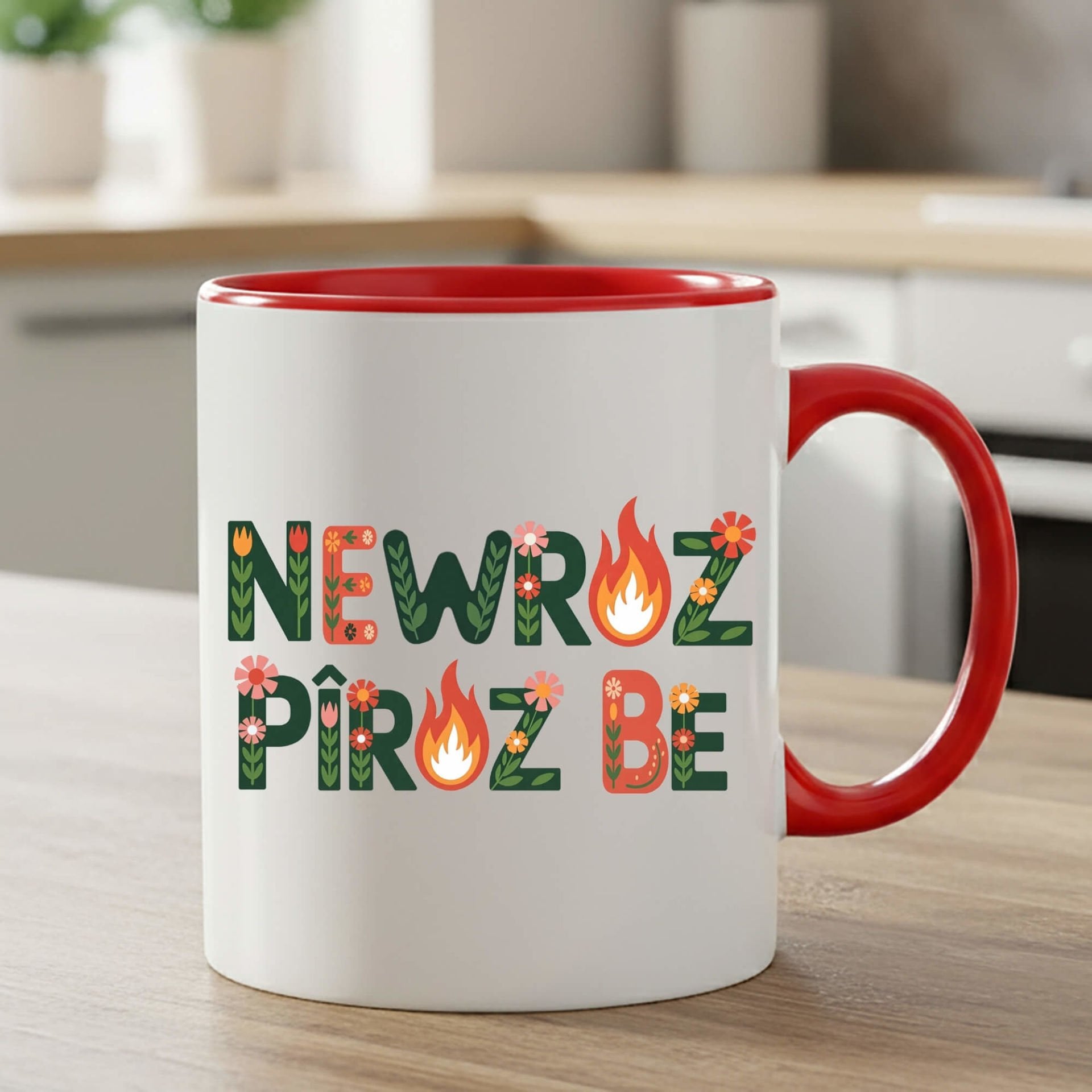 Newroz Piroz Be Çiçek Tasarımlı Kırmızı Klasik Kupa Bardağı