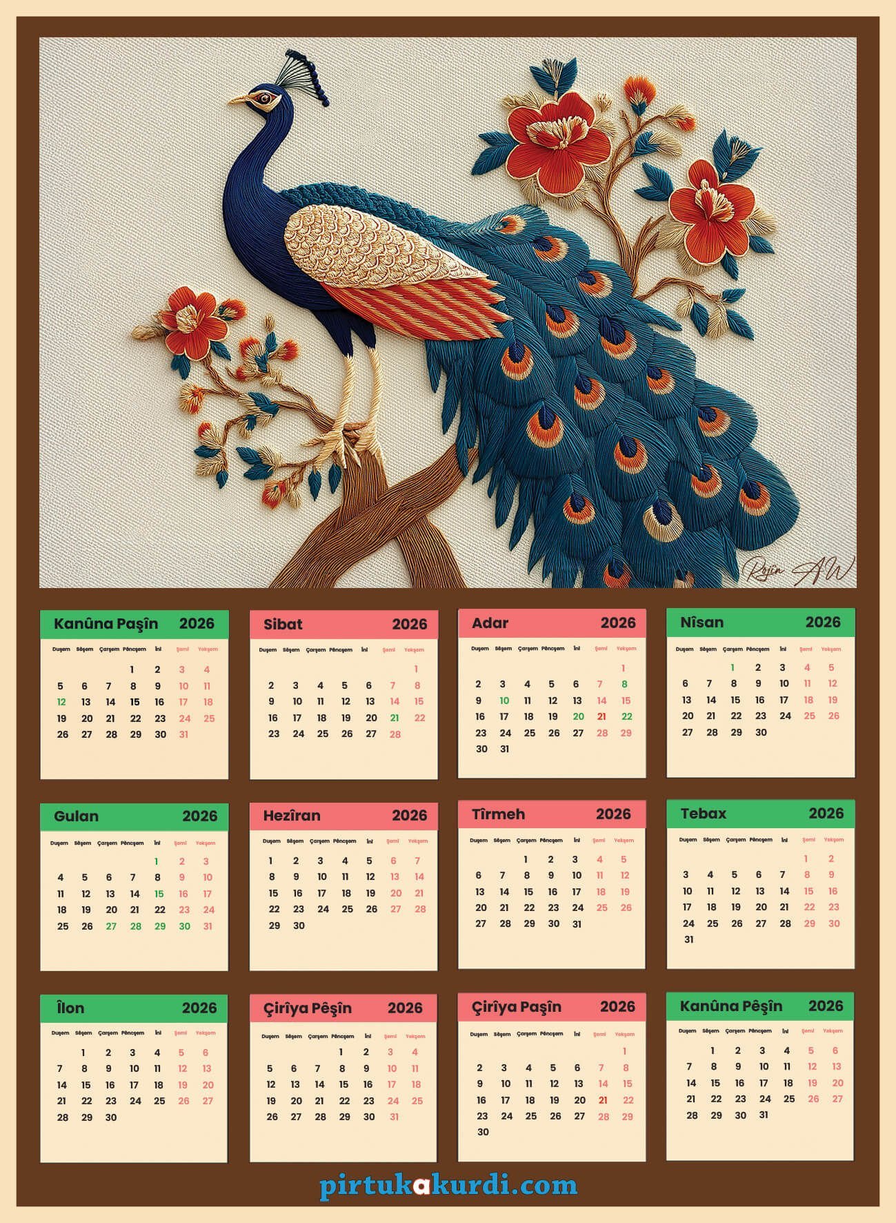 Salnameya Kurdi 2026an - 2026 Kürtçe Takvim - Melekê Tawis - Tavus Kuşu
