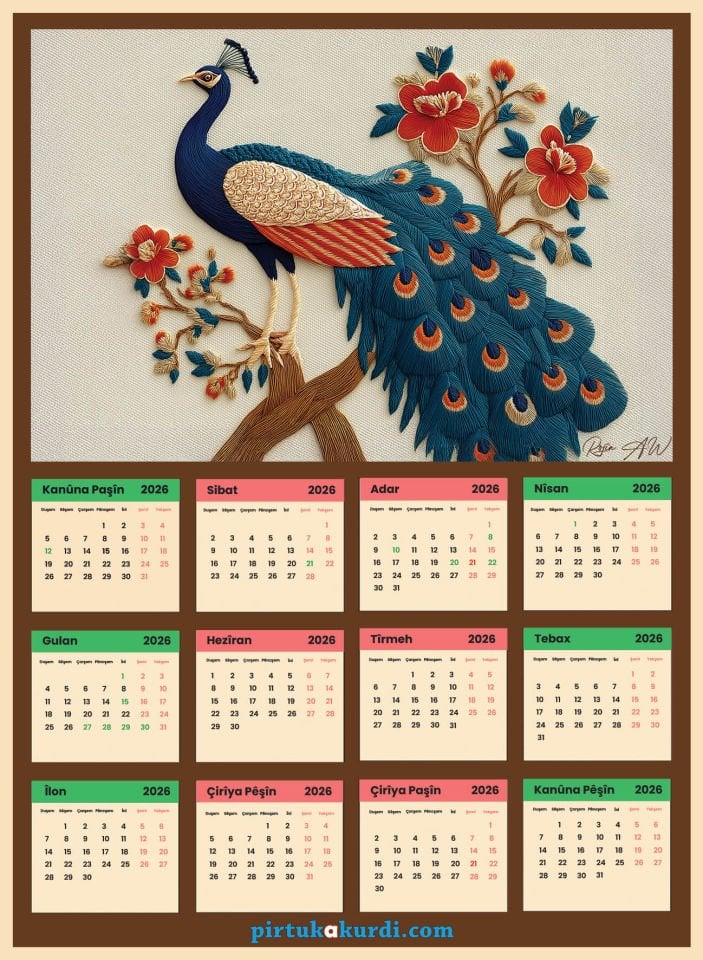 Salnameya Kurdi 2026an - 2026 Kürtçe Takvim - Melekê Tawis - Tavus Kuşu