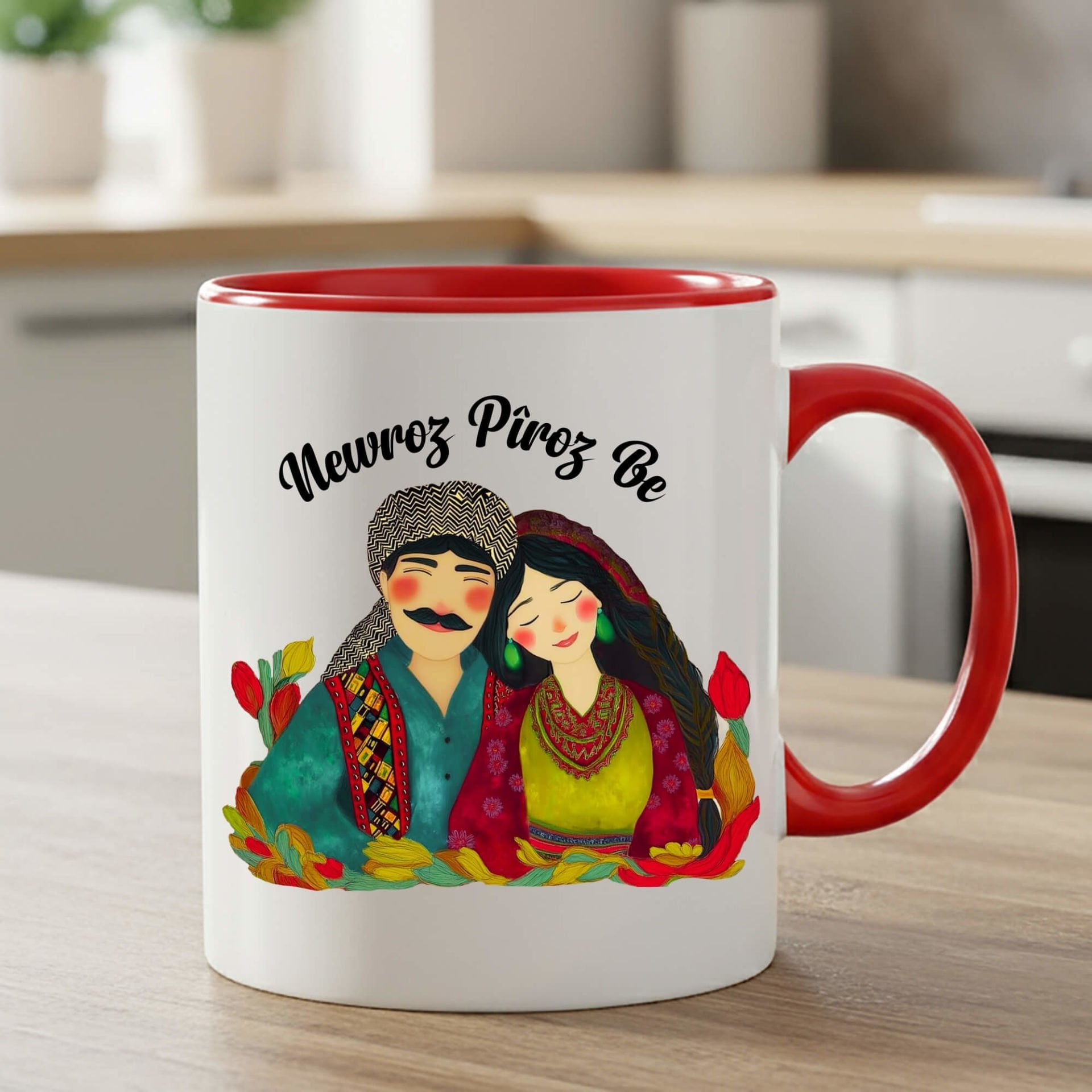 Newroz Piroz Be Gülümseyen Mem u Zin Tasarımlı Kırmızı Klasik Kupa Bardağı