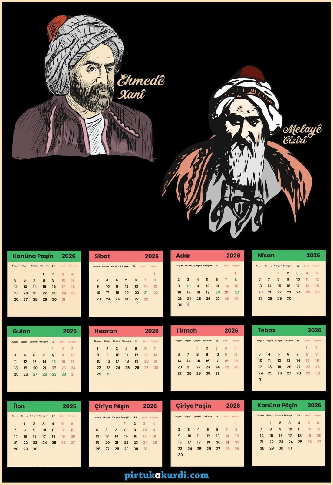 Salnameya Kurdi 2026an - 2026 Kürtçe Takvim - Ehmedê Xanî - Melayê Cizîrî