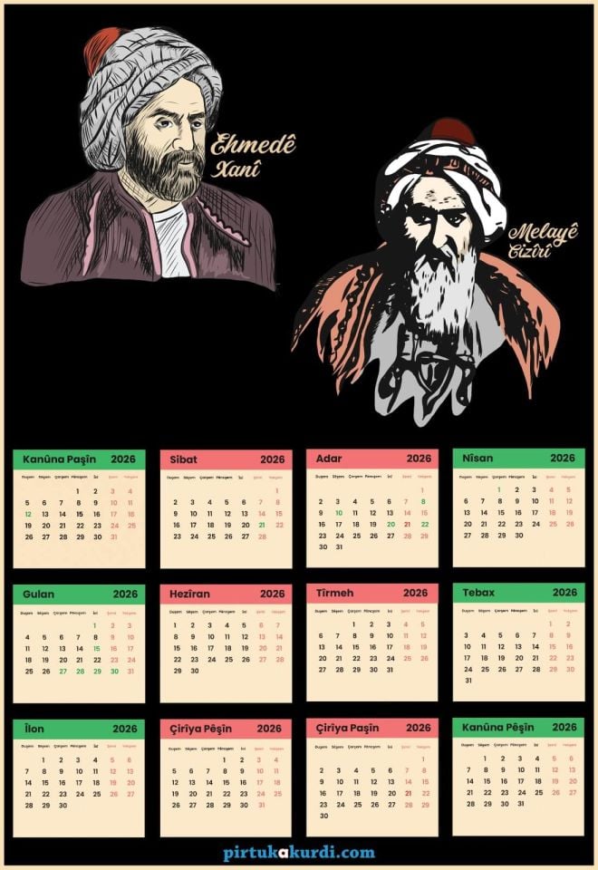 Salnameya 2026an - 2026 Kürtçe Takvim - Ehmedê Xanî - Melayê Cizîrî