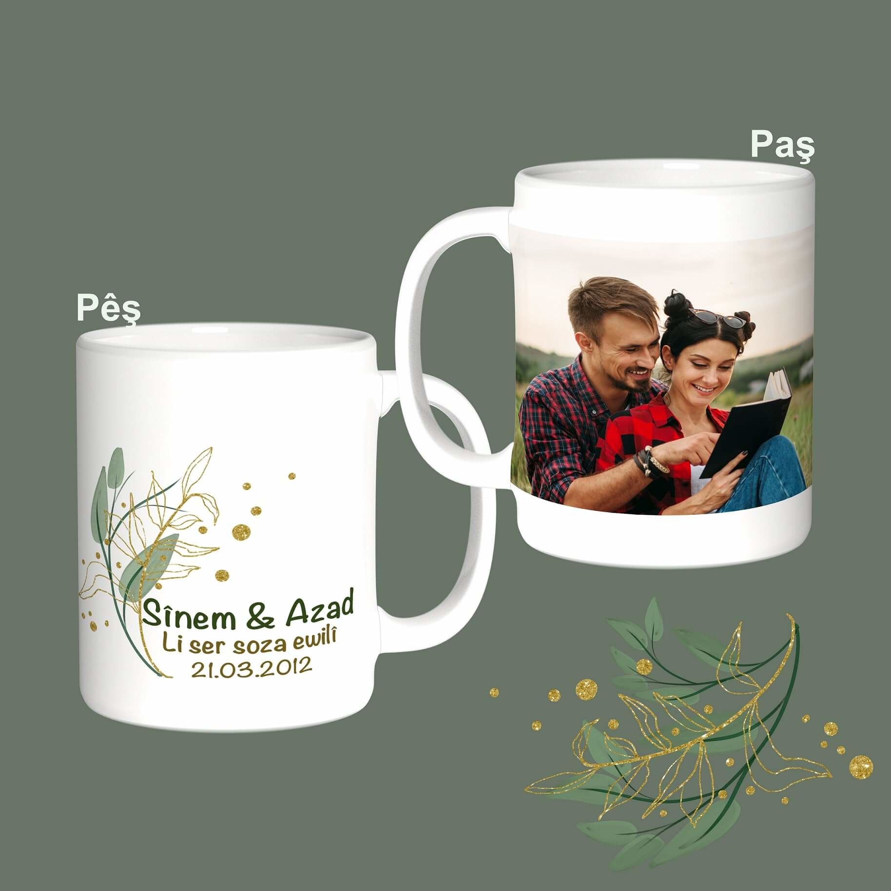 Kişiye Özel Kürtçe İki İsimli Özel Günlü Fotoğraflı Porselen Kupa - Kürtçe Sevgililer İçin Kupa Bardak