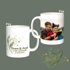Kişiye Özel Kürtçe İki İsimli Özel Günlü Fotoğraflı Porselen Kupa - Kürtçe Sevgililer İçin Kupa Bardak