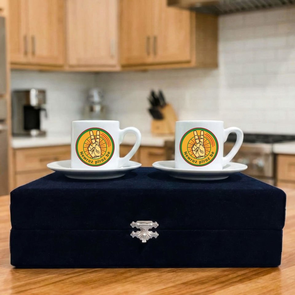 Newroz Piroz Be Zafer İşareti Tasarımlı Siyah Renkli Kutulu 2 li Porselen Kahve Fincan Set