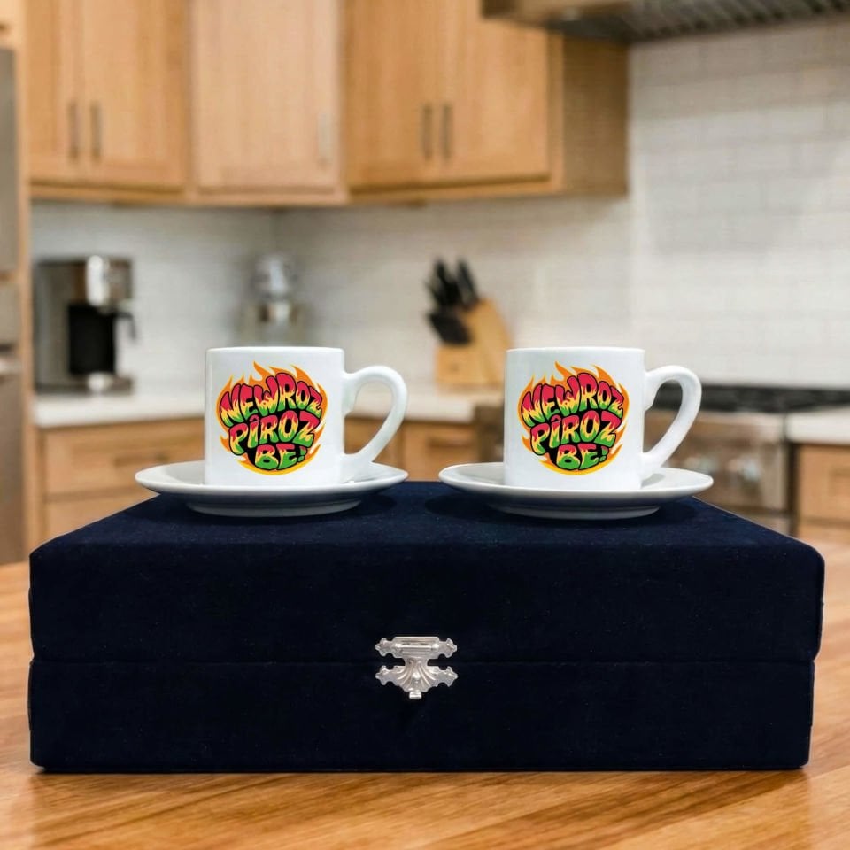 Newroz Piroz Be Ateş Tasarımlı Siyah Renkli Kutulu 2 li Porselen Kahve Fincan Seti