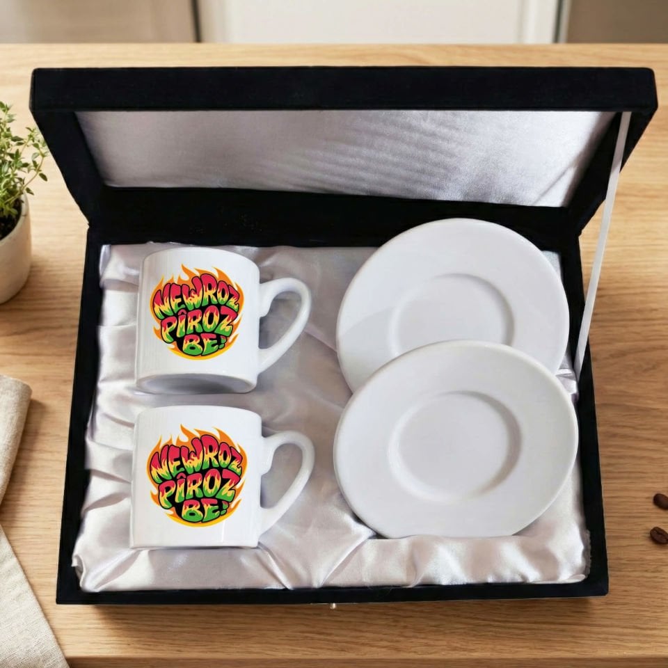 Newroz Piroz Be Ateş Tasarımlı Siyah Renkli Kutulu 2 li Porselen Kahve Fincan Seti