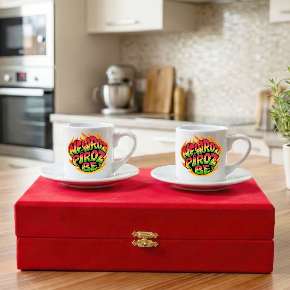 Newroz Piroz Be Ateş Tasarımlı Kırmızı Renkli Kutulu 2 li Porselen Kahve Fincan Seti