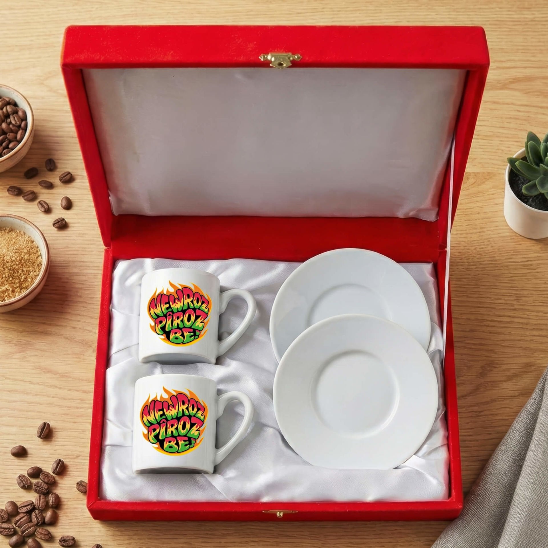 Newroz Piroz Be Ateş Tasarımlı Kırmızı Renkli Kutulu 2 li Porselen Kahve Fincan Seti