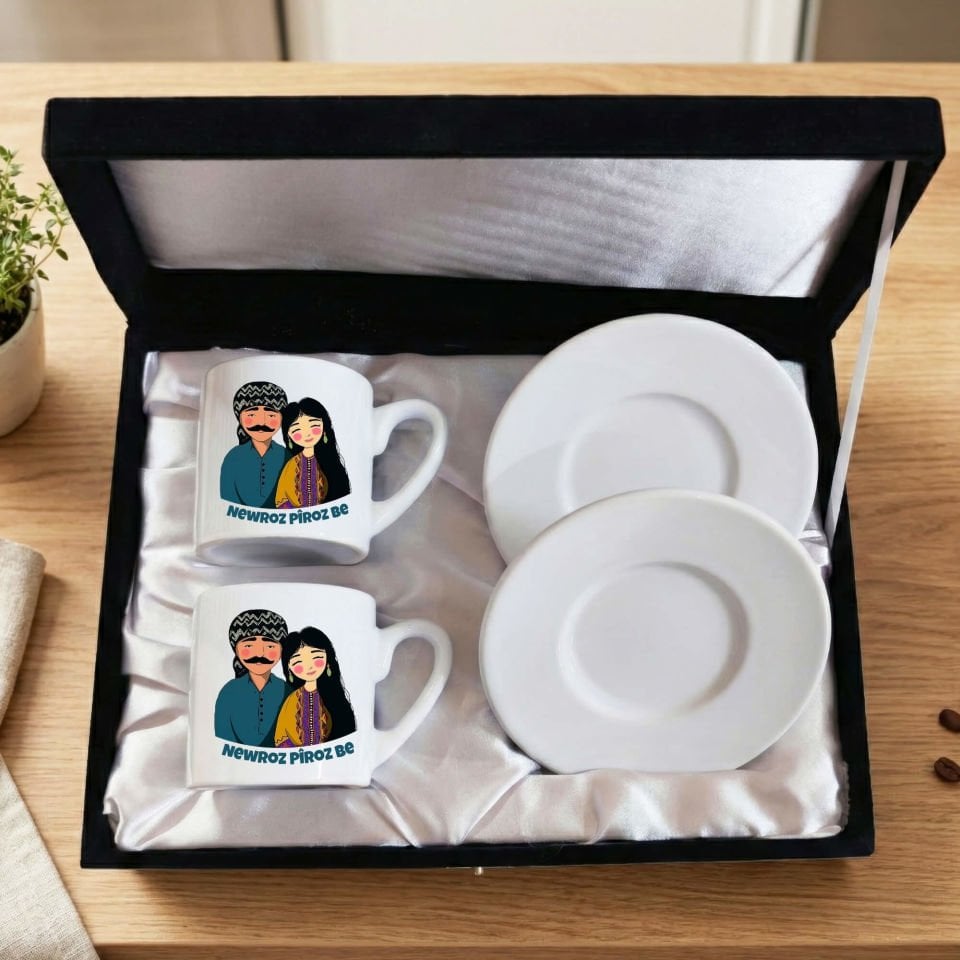 Newroz Piroz Be Mem u Zin Tasarımlı Siyah Renkli Kutulu 2 li Porselen Kahve Fincan Seti(