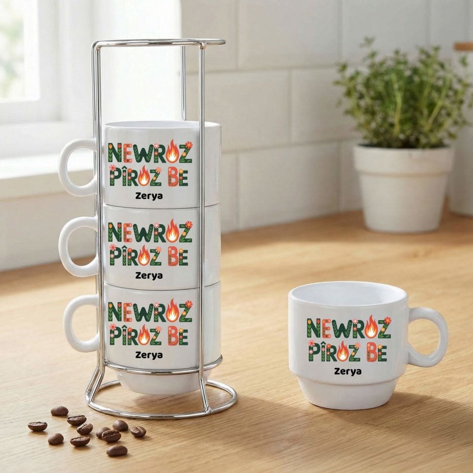 İsme Özel Newroz Piroz Be Çiçek Tasarımlı Standlı 4'lü Porselen Kahve Fincan Seti