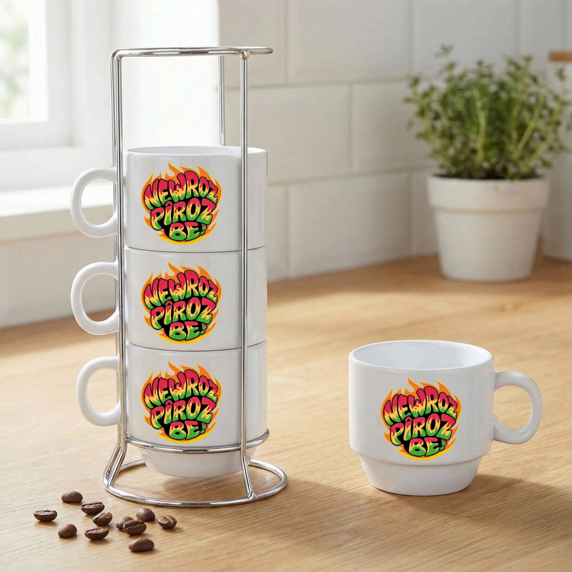 Newroz Piroz Be Ateş Tasarımlı Standlı 4'lü Porselen Kahve Fincan Seti