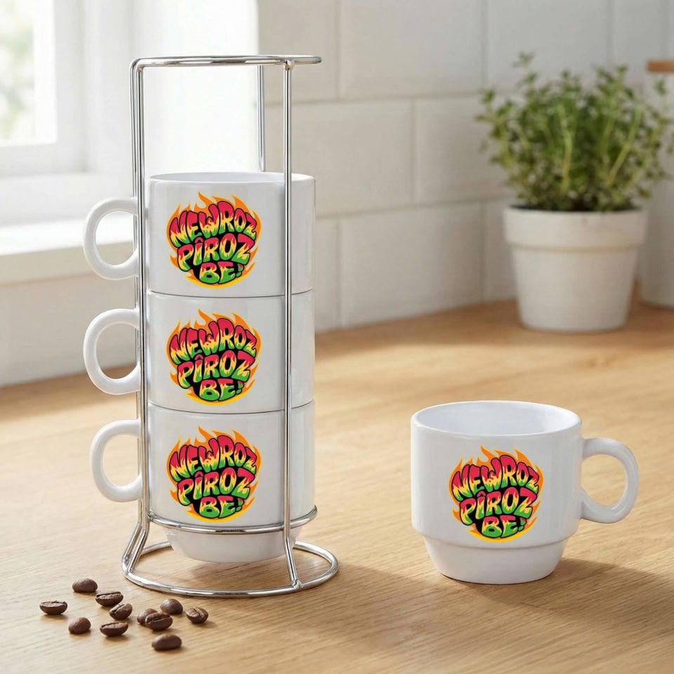 Newroz Piroz Be Ateş Tasarımlı Standlı 4'lü Porselen Kahve Fincan Seti