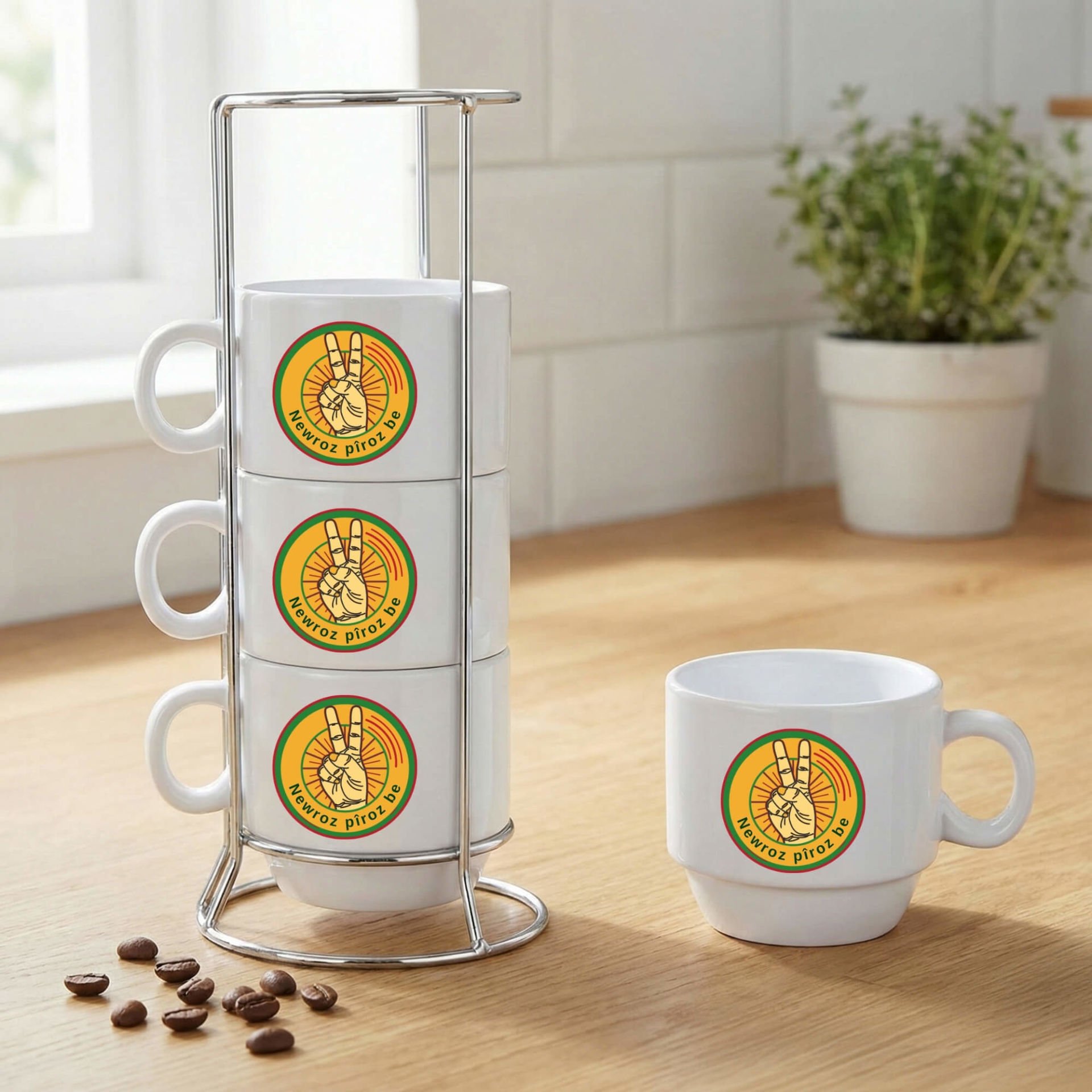 Newroz Piroz Be Zafer İşareti Tasarımlı Standlı 4'lü Porselen Kahve Fincan Seti