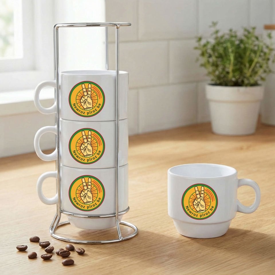 Newroz Piroz Be Zafer İşareti Tasarımlı Standlı 4'lü Porselen Kahve Fincan Seti