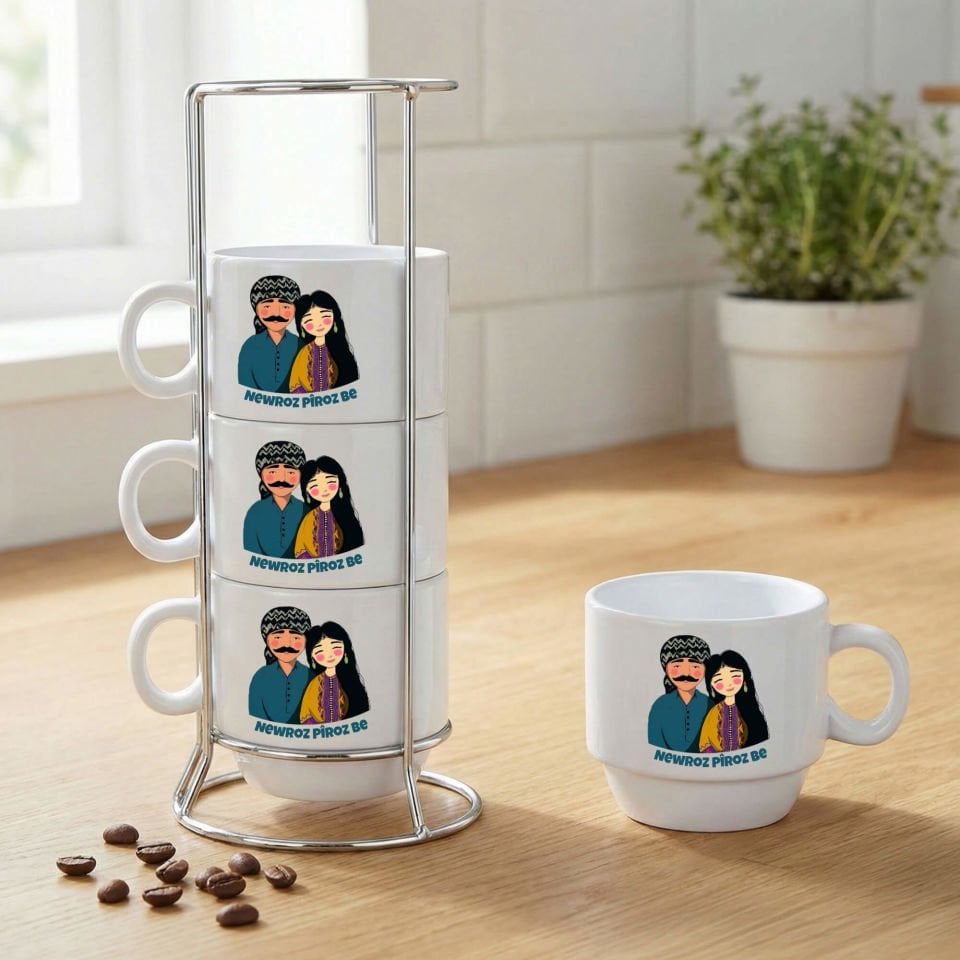 Newroz Piroz Be Mem u Zin Tasarımlı Standlı 4'lü Porselen Kahve Fincan Seti