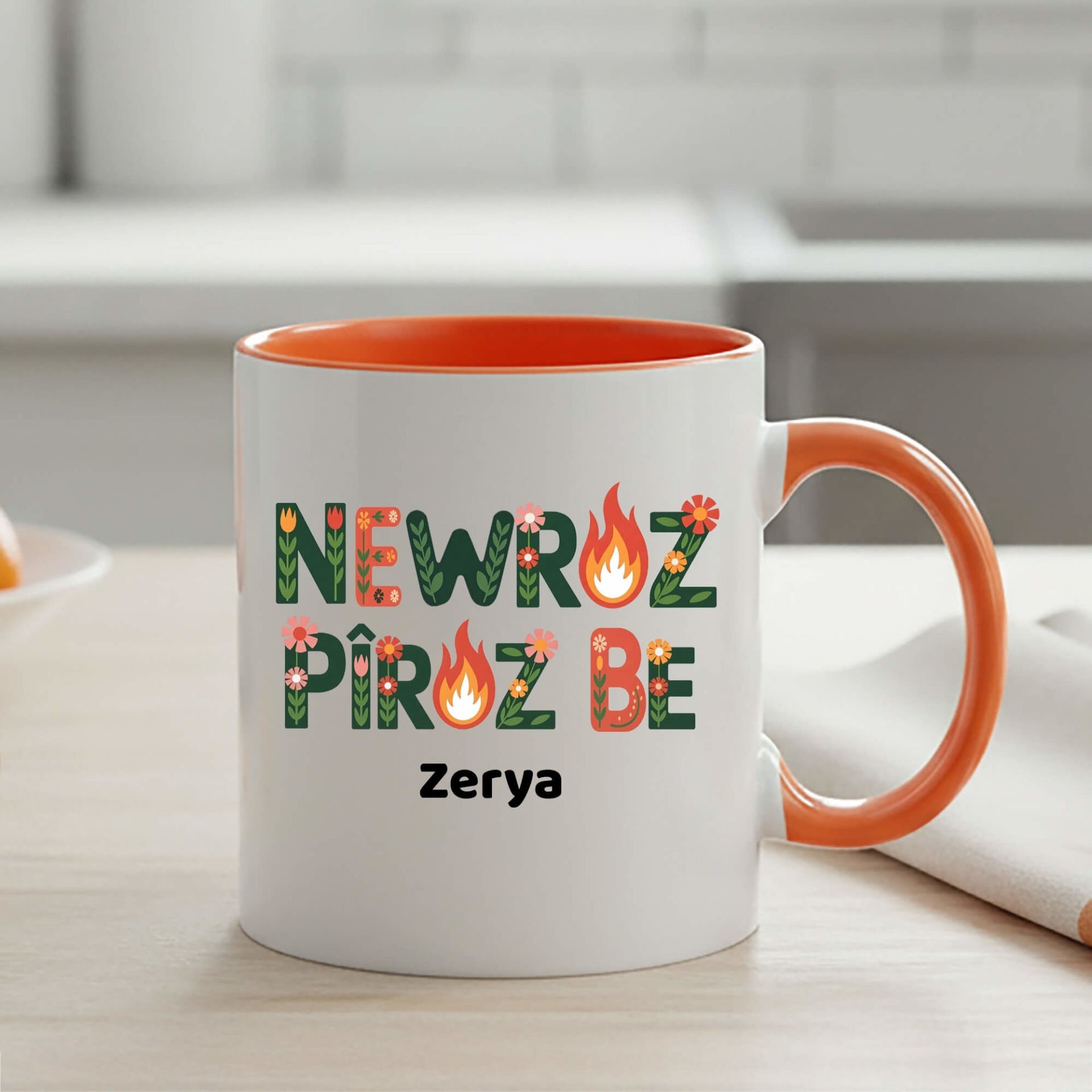 İsme Özel Newroz Piroz Be Çiçek Tasarımlı Turuncu Klasik Kupa Bardağı